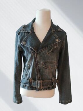VTG Y2K Moto Jean Jacket Denim asymmetrical  Zipper Buckle snaps distressed